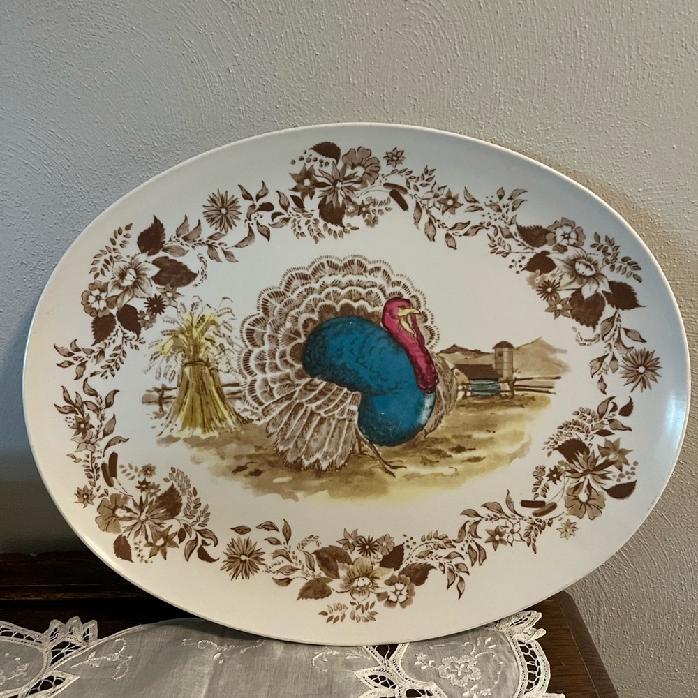 Elegant Melmac Turkey Platter with Floral Accents, some wear on plate